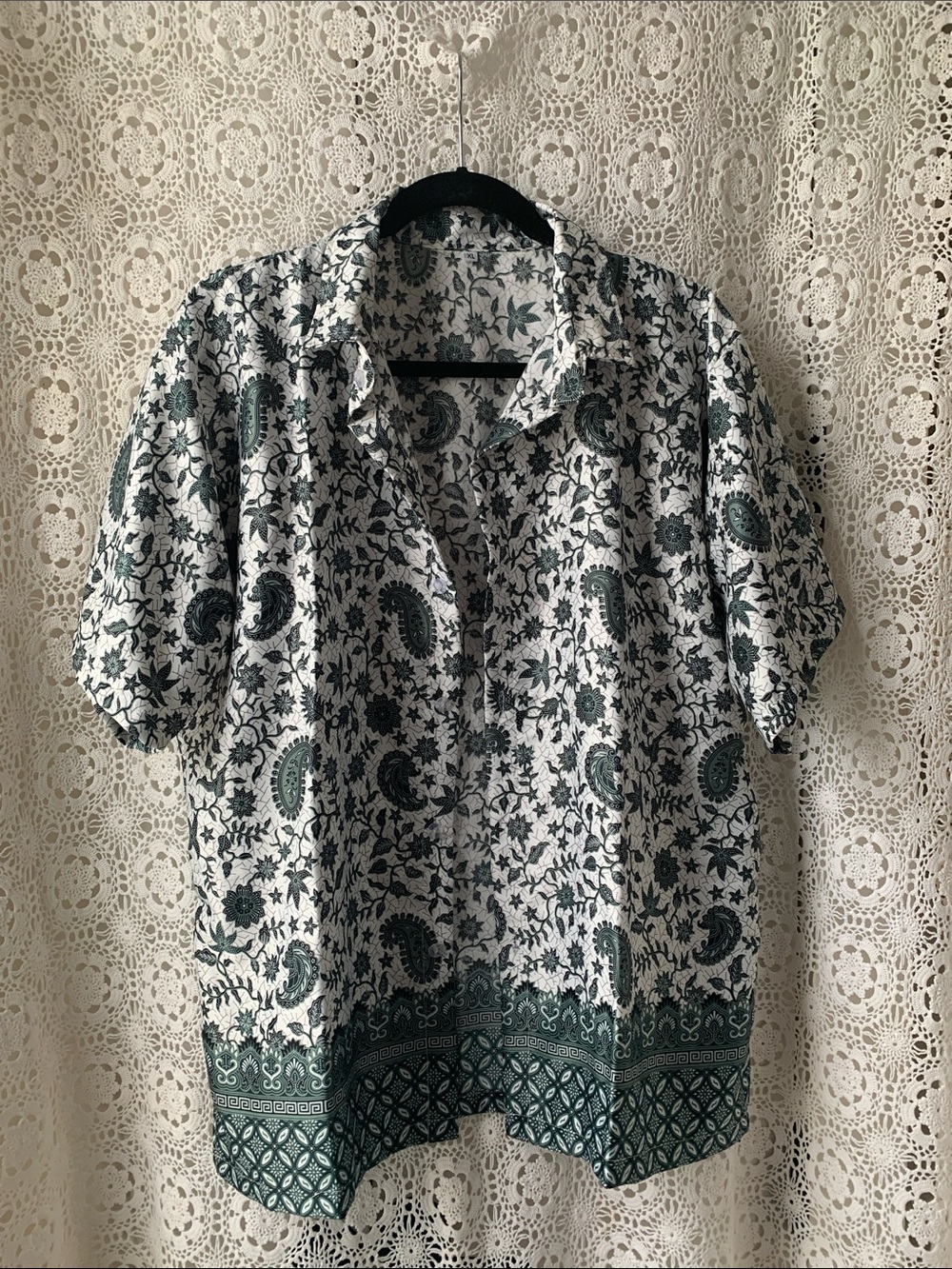 Green and White Paisley Print Short Sleeve Button Up